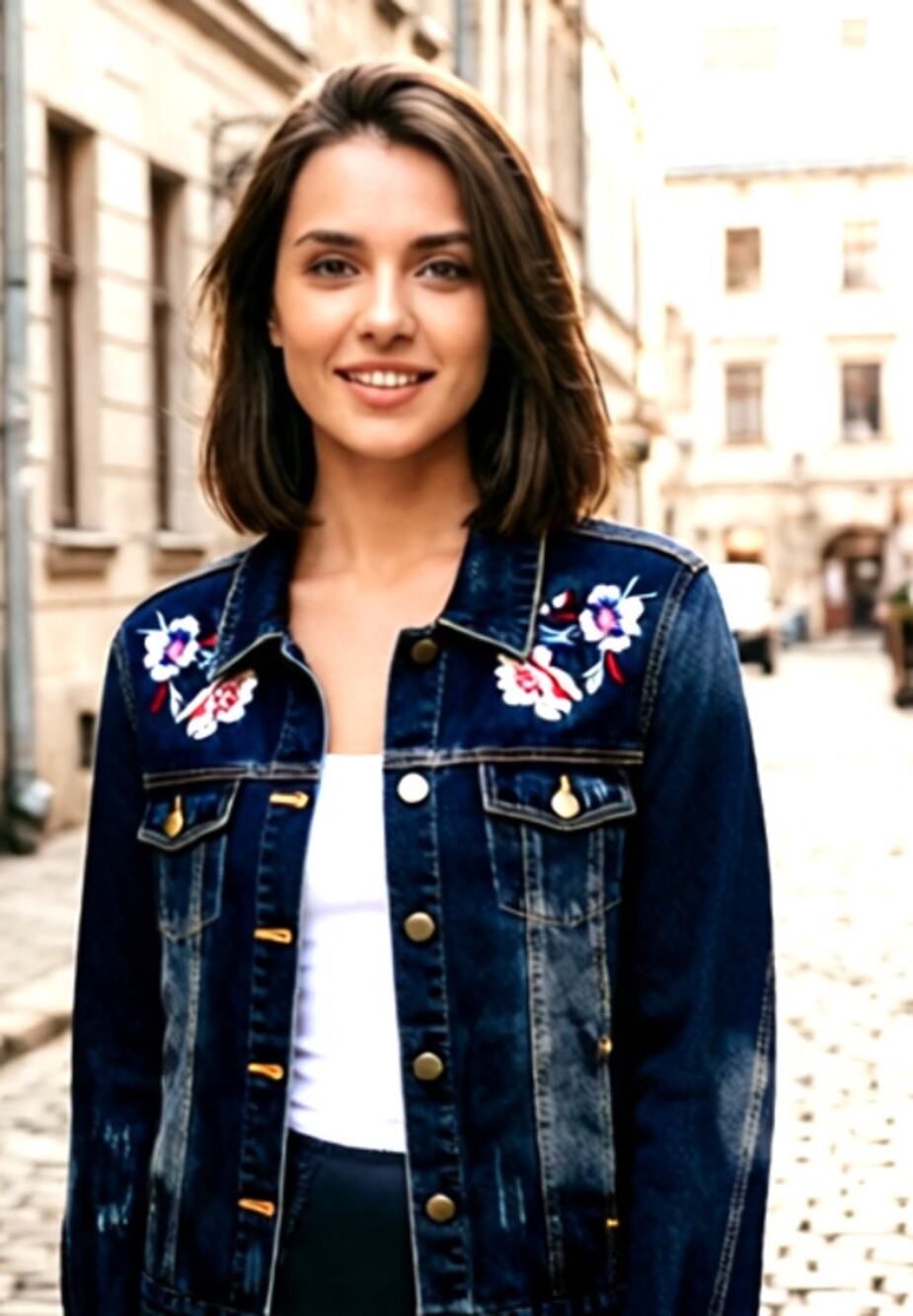 Jade & Ivory embroidered Flowered Jean Jacket Boho L